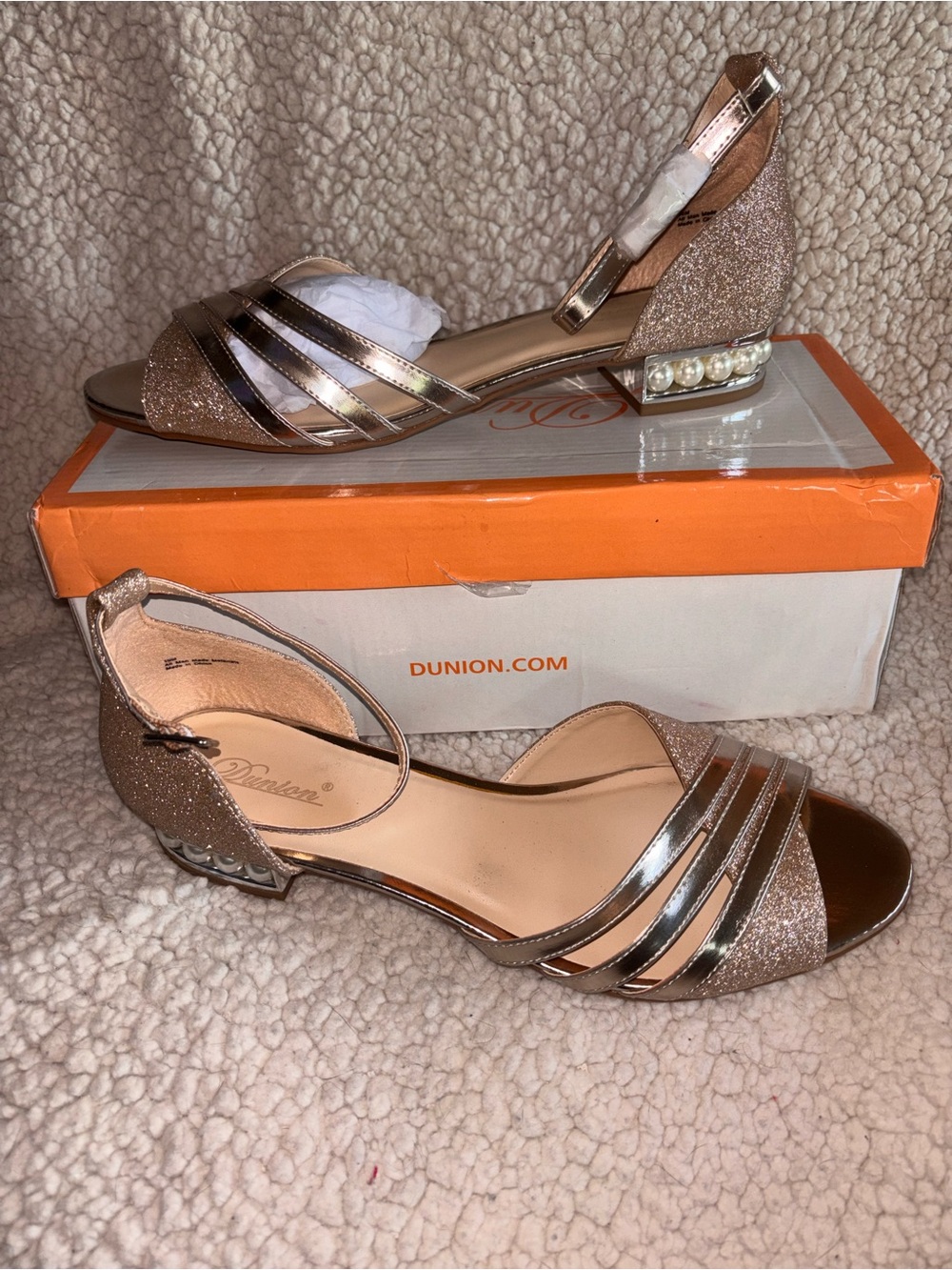 Dunion Gold Glitter Pearl Heel Sandals Women’s Size 10 US Metallic Dress Shoes